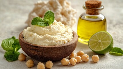 Healthy snacking can be achieved with vegan and traditional hummus accompanied by olive oil and mint leaves