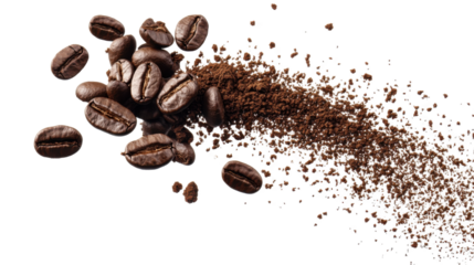 Flying coffee beans in mid air with dynamic motion roasted aromatic beans and energetic caffeine concept isolated on white background