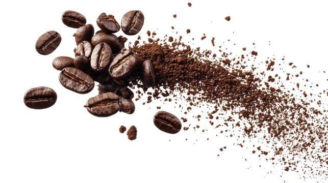 Flying coffee beans in mid air with dynamic motion roasted aromatic beans and energetic caffeine concept isolated on white background