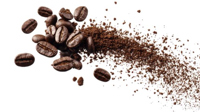 Flying coffee beans in mid air with dynamic motion roasted aromatic beans and energetic caffeine concept isolated on white background