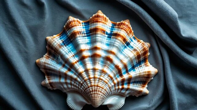 A large seashell on a gray cloth background. Viewed from above.