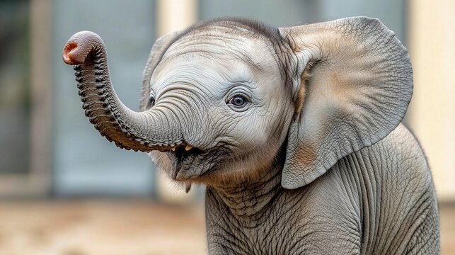 A playful baby elephant, trunk raised, mouth open, showing its adorable face