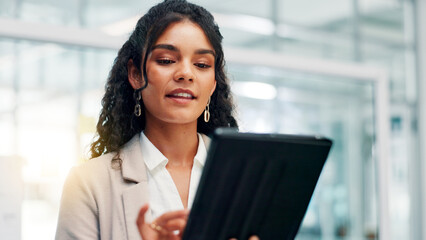 App, research and tablet with business woman in office for information, project management or...
