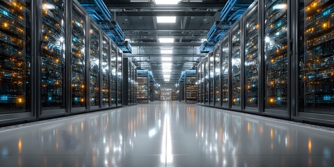 Naklejka premium Futuristic data center aisle perspective. Server racks line sides. Neat blue cable bundles run overhead and along racks. Bright, even lighting reflects on polished floor. High-tech, organized.