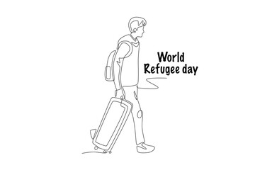 Male refugee carrying suitcase. World refugee day concept one-line drawing