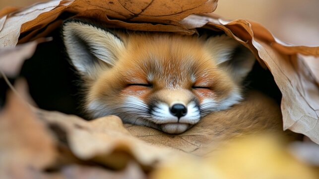 A red fox pup nestled amongst autumn leaves, sleeping peacefully