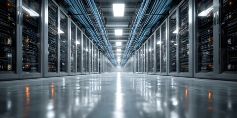 Fototapeta premium Futuristic data center aisle perspective. Server racks line sides. Neat blue cable bundles run overhead and along racks. Bright, even lighting reflects on polished floor. High-tech, organized.