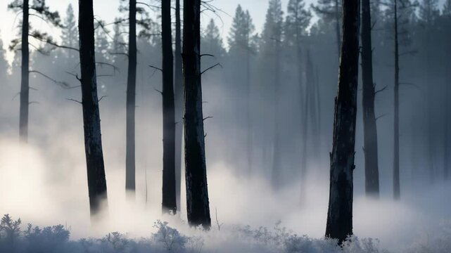 Illuminated forest of charred trees showcasing small, needle-like ice crystals called diamond dust, formed from moisture in the atmosphere during tranquil and frigid temperatures.