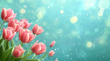 A spring backdrop with bright vertical tulips, blurred to emphasize the macro perspective, softly frames two intertwined pink tulips with space for text