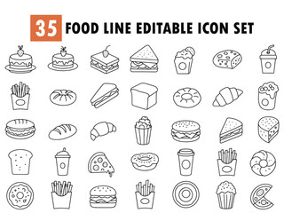 food line editable icon set. containing cake, sandwitch, bakery food, fast food, etc