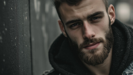 Close up portrait of a handsome man with a full beard looking at the camera