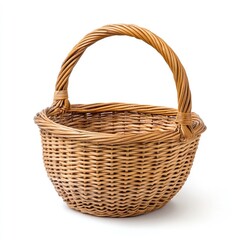 A charming, light brown wicker basket with a curved handle