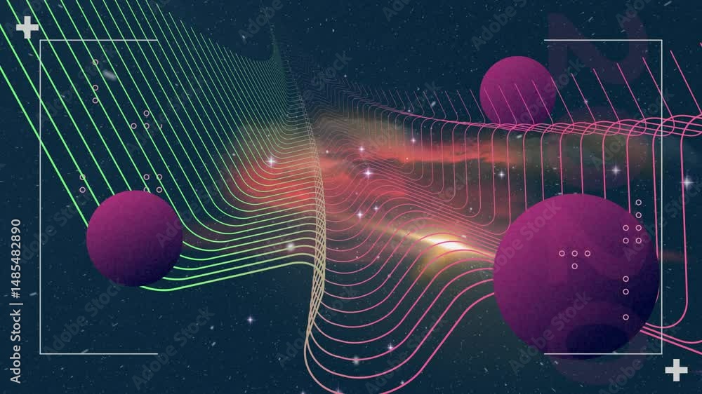 Poster abstract cosmic 3d render showing neon grid weaving across starfield with floating magenta spheres
