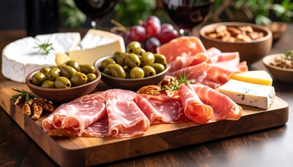 Closeup of Charcuterie Board with Meats Olives and Nuts.closeup, meat, olive, platter, rustic, arrangement, ingredient, nut, snack, epicure, food, fresh, table, display, italian, 