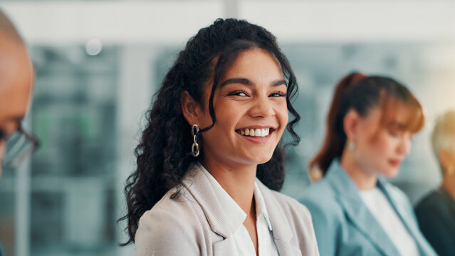Portrait, happy and business woman in office meeting for workshop with compliance officer coworking. Smile, employee and confident worker with corporate team at conference for policy development
