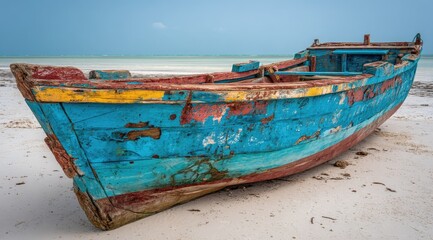 Abandoned colorful fishing boat on beach
