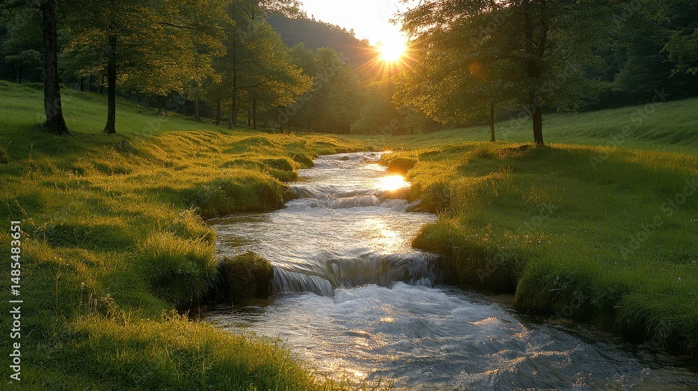 Poster sunlight streams through trees over a tranquil stream.