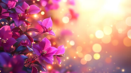 Fototapeta premium Exotic flowers are showcased in a closeup with blurred pink and purple bougainvillea in a summer nature setting