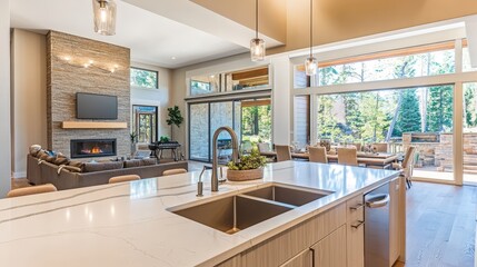 A double-basin kitchen sink with a high-end brushed nickel faucet, positioned in the center of a spacious kitchen island with bright, natural light flooding in