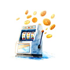 Watercolor illustration of a slot machine with gold coins falling out. A playful depiction of gambling and winning big.