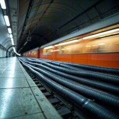 Subway Station Cables. Numerous black corrugated cables lie on tracks beside a blurred orange train in a modern underground subway station.