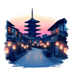 Obraz premium Japanese Street Scene at Sunset with Pagoda and Lanterns. A picturesque illustration of a traditional Japanese street at dusk.