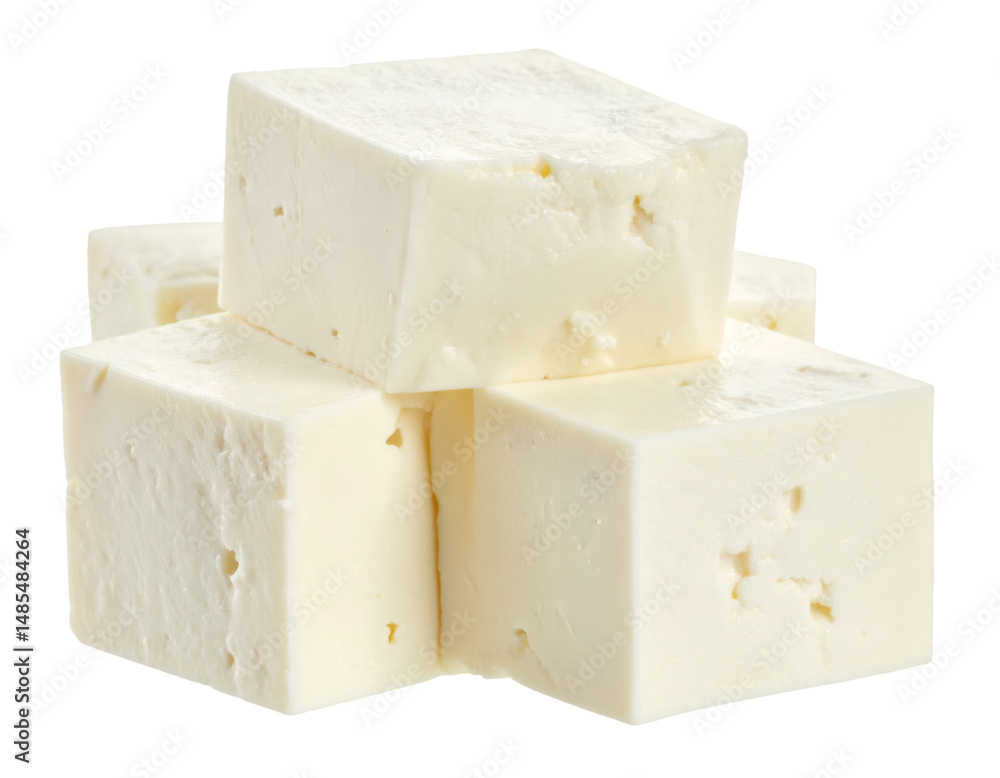 Poster paneer cheese cubes forming a stack isolated on transparent background