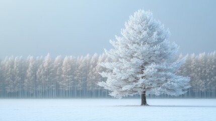 Obraz premium Fog, snow, and trees in a forest at dawn come together to create a serene and peaceful winter scene