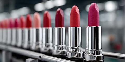 Lipstick production line: red and pink lipsticks in silver tubes move on conveyor. Shallow depth of field blurs factory background. Industrial lighting illuminates this cosmetic manufacturing.