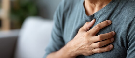 Adult man experiencing chest pain, clutching his chest indoors Concept of heart attack, angina, or anxiety Healthcare and medical emergency