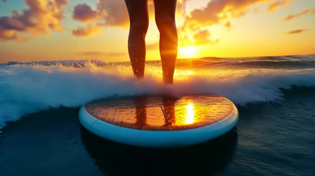 Surfer girl paddling with sapboard at sunset on a stand up view board paddle the beautiful enjoying of the golden hour video 4k