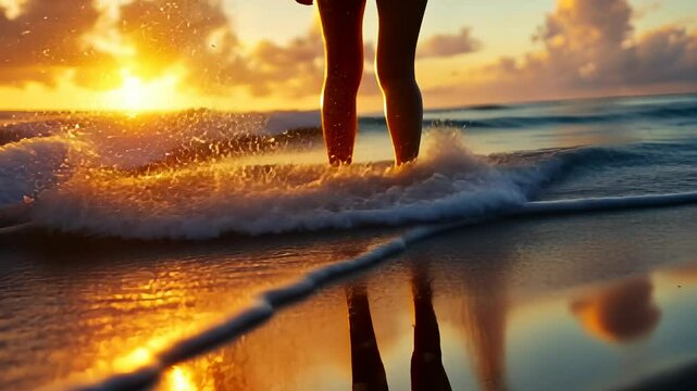 Surfer closeup woman legs paddling the sapboard at sunset on a stand up paddle board enjoying the beautiful view of water golden hour in both with ripples landscape video 4k - Powered by Adobe