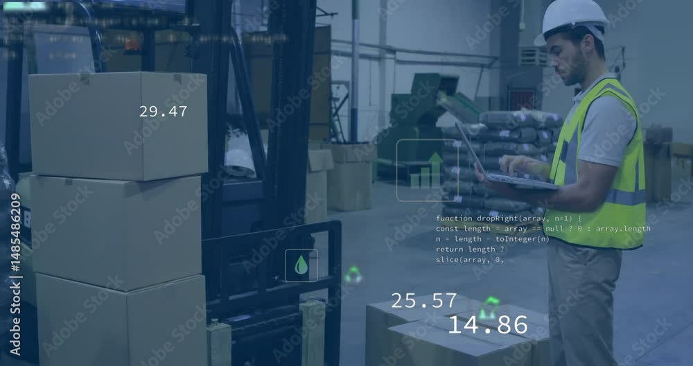 Aufkleber warehouse operator using laptop in warehouse, displaying floating digital metrics over forklift