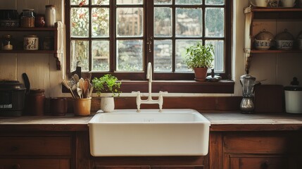 A farmhouse-style kitchen sink with a deep, white basin, complemented by a vintage faucet, and surrounded by rustic wooden cabinets, evoking a warm, homey atmosphere