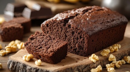 Fototapeta premium Gluten-free zucchini banana bread with walnuts and dark chocolate is showcased in a close-up on a wooden surface, made at home
