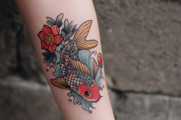 Colorful koi fish tattoo design on a forearm.