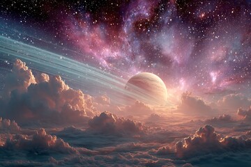 Ethereal rings planet floating over clouds