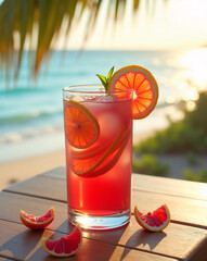Refreshing hibiscus tea in a glass with citrus on beach table, summer wellness drink for hormone balance and natural hydration, functional medicine lifestyle concept