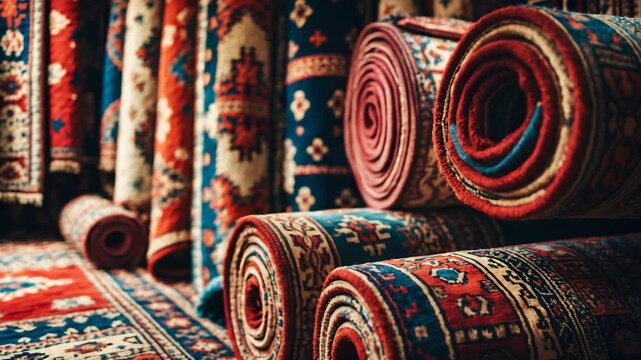 Rolling and hanging carpets assortment at the store
