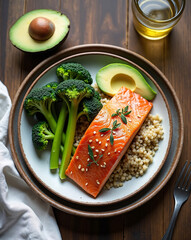 Healthy menopause dinner with wild salmon, broccoli, quinoa, and avocado for hormone balance, functional medicine food styling for women’s nutrition and anti-inflammatory eating.