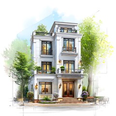 Elegant Three Story House Architectural Rendering in Watercolor Style.