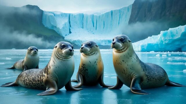 Adult seals on glacier ice
