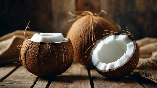 Whole coconut and half coconut placed on a background