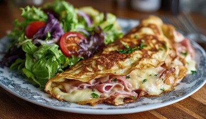 Savory omelette with ham and cheese served with fresh garden salad.