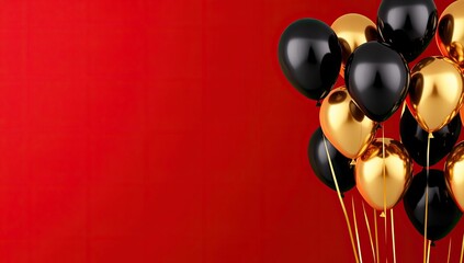 Black and gold balloons against a vibrant red background.  A cluster of glossy black and gold balloons, tied with gold strings, against a bold red backdrop. 