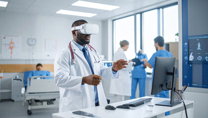 Healthcare Innovation: Doctor uses a VR headset in a modern hospital setting, exploring new medical possibilities with technological integration.