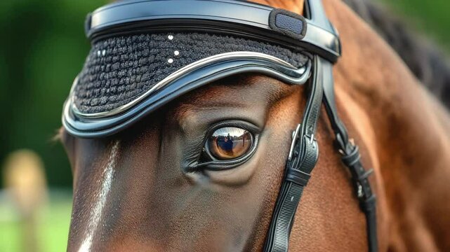 Close-up of horse wearing bridle with focused eye