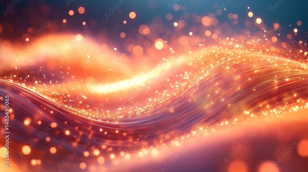Poster abstract flowing waves of light particles glowing in warm orange and purple hues creating a dynamic 