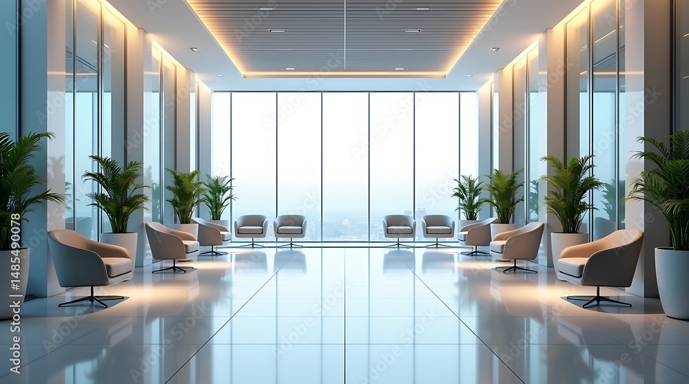 Poster modern waiting area with comfortable chairs and large windows offering panoramic views