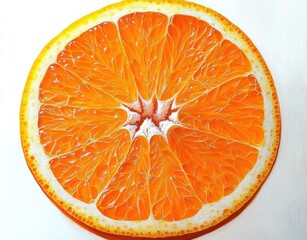 Close-up of a vibrant orange slice showing juicy, detailed pulp and textured rind on a white background